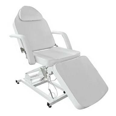 An electric spa treatment chair featuring a white upholstered finish and a sturdy metal base. The chair is fully adjustable with a remote control, allowing for changes in backrest, leg rest, and overall height. It includes padded armrests and an adjustable headrest, designed for comfort during various professional treatments. — 3D model (AI enhanced source)