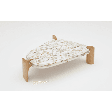 A unique side table with an irregularly shaped top and wooden legs. The tabletop appears to be made of a white composite material with embedded dried botanical elements such as flowers and leaves. The legs are cylindrical at the top and transition into a flared, curved support structure. — 3D model (AI enhanced source)