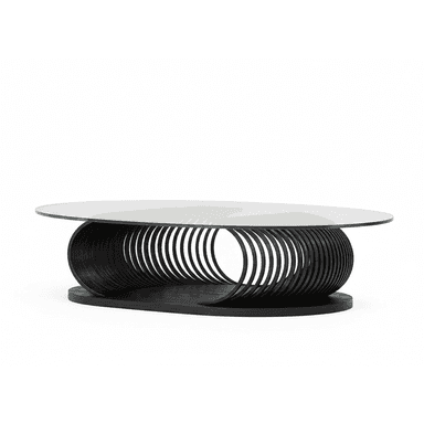 An oval-shaped coffee table featuring a clear glass top supported by a distinctive sculptural base made of numerous dark, parallel wooden slats arranged in an elliptical, coiled pattern. The base rests on a matching dark wooden plinth. — 3D model (AI enhanced source)
