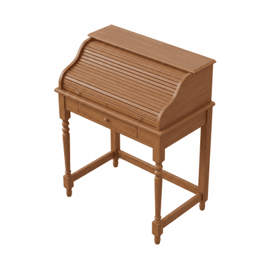 A traditional wooden roll-top secretary desk featuring a slatted roll-top mechanism that conceals the work surface. The desk includes a single central drawer below the roll-top section, equipped with a small wooden knob. It stands on four turned legs, connected by stretchers on the sides and front, suggesting a classic or antique aesthetic. The desk is finished in a medium brown wood tone. — 3D model (AI enhanced source)