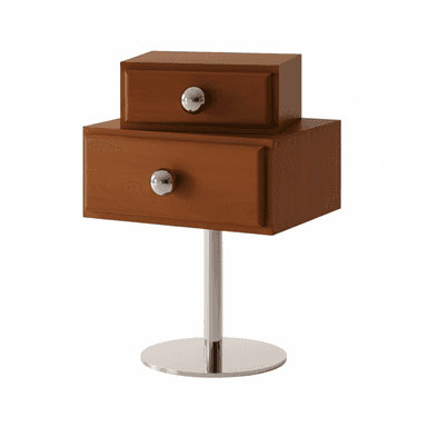 A contemporary two-tier storage unit, likely a nightstand or side table, featuring two stacked drawers made of warm reddish-brown wood. The smaller top drawer is offset on top of the larger bottom drawer. Both drawers are equipped with polished chrome spherical pulls. The entire unit is supported by a sleek, central chrome pedestal base that broadens into a flat, circular chrome disc for stability. — 3D model (AI enhanced source)