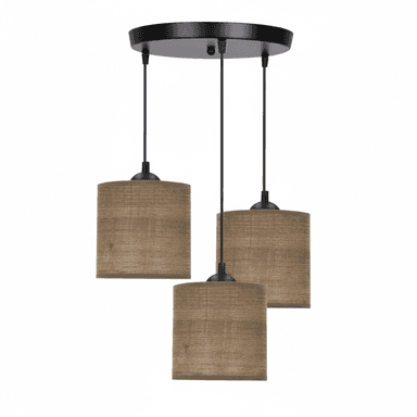 A modern triple pendant light fixture featuring three cylindrical shades suspended from a single black circular canopy. Each shade is made of a textured, light brown fabric, providing a diffused and warm light. The shades hang at slightly different heights, connected by black cords to the ceiling mount. — 3D model (AI enhanced source)