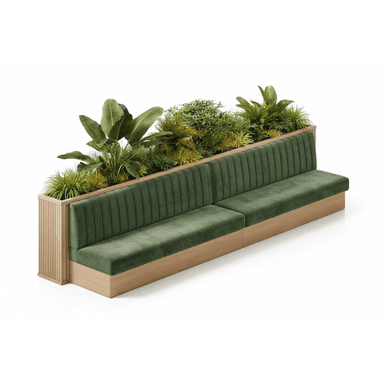 A long commercial banquette booth featuring dark green velvet upholstery, a light-toned wooden frame, and an integrated planter box along the top of the backrest. The booth consists of two seating sections, with vertical slatted wood detailing on one end. — 3D model (AI enhanced source)