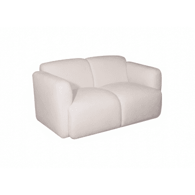 A contemporary two-seater loveseat upholstered in a soft, textured bouclé fabric. It features rounded edges and a plush, inviting appearance, ideal for modern living spaces. — 3D model (AI enhanced source)