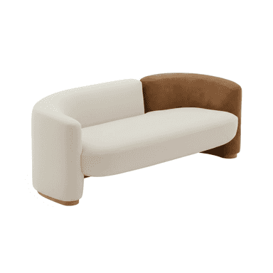 A modern, asymmetrical two-seater sofa featuring contrasting upholstery: a light, textured fabric on one side and a smooth, cognac-colored leather on the other, with a sculptural curved silhouette and an integrated plinth base. — 3D model (AI enhanced source)