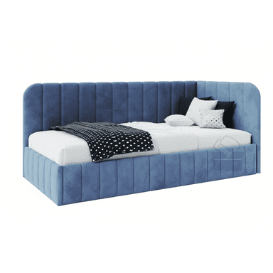 A upholstered bed frame with a high, channel-tufted headboard that extends around the sides, creating a sectional look. The bed is covered in a blue velvet-like fabric and includes a mattress, a decorative blanket with a white polka dot pattern on a black background, and several throw pillows (black, white, and gold polka dot). The base of the bed is also upholstered and features vertical channel tufting. — 3D model (AI enhanced source)