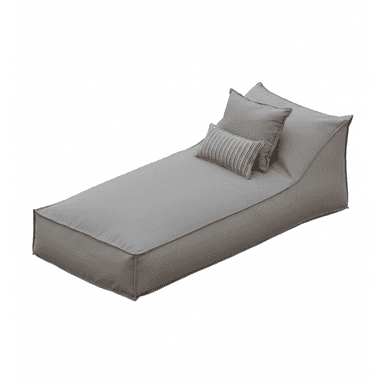 A contemporary grey fabric chaise lounge daybed with a low profile and two accompanying throw pillows, featuring visible piping along its edges. — 3D model (AI enhanced source)