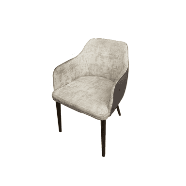 An upholstered armchair featuring a contemporary design with a two-tone fabric scheme. The interior seat, back, and armrests are covered in a light, textured fabric, while the exterior back and side panels are in a contrasting dark grey or brown fabric. The chair stands on four dark, tapered wooden legs, and the back is gently curved, flowing into integrated armrests. The design appears modern and refined. — 3D model (AI enhanced source)