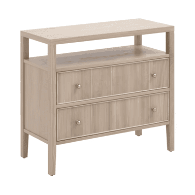A light-toned wooden nightstand or small accent cabinet featuring two drawers with reeded fronts and an open storage shelf above the drawers. It stands on four tapered legs and has small spherical brass knobs. — 3D model (AI enhanced source)