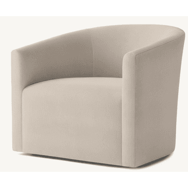 A modern, upholstered barrel chair featuring a continuous curved back and armrests, presented in a light neutral tone. The chair sits on a recessed plinth base, giving it a floating appearance and often indicating a swivel function. Its minimalist design and soft lines make it suitable for various contemporary interior styles. — 3D model (AI enhanced source)