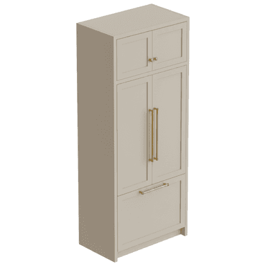 A tall, narrow, greige cabinet unit featuring recessed panel doors and gold-finished hardware. It is designed to integrate kitchen appliances, specifically a refrigerator and freezer, with an upper two-door cabinet, a central double-door section, and a bottom pull-out drawer section. — 3D model (AI enhanced source)
