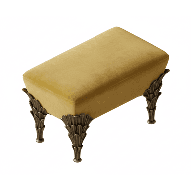 A rectangular ottoman featuring a plush mustard yellow velvet upholstered top and four ornate, leaf-motif legs made of antique bronze or brass-finished cast metal. — 3D model (AI enhanced source)