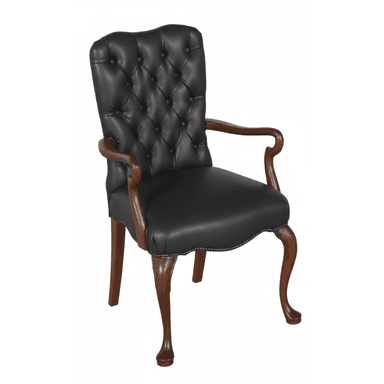 A formal, traditional armchair featuring a black tufted leather upholstery, dark wood frame, scrolled arms, and cabriole front legs. — 3D model (AI enhanced source)