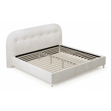 An off-white upholstered bed frame featuring a generously curved headboard with vertical channel tufting, complemented by a low-profile frame. The bed incorporates a wooden slat support system for a mattress, eliminating the need for a box spring. It stands on four tapered, light-colored wooden legs, providing a clean and modern aesthetic. — 3D model (AI enhanced source)
