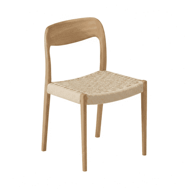 A light wood chair featuring a curved backrest and a woven seat. The chair stands on four straight, slightly tapered wooden legs, showcasing a minimalist design. — 3D model (AI enhanced source)