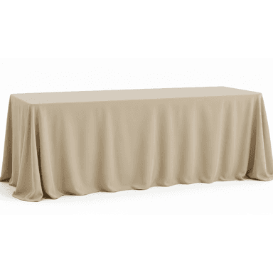 A rectangular table completely covered by a light beige, floor-length tablecloth, presented against a plain white background. The tablecloth drapes smoothly to the floor on all sides, obscuring the table's structure entirely. The fabric appears to be a lightweight, opaque textile, showing subtle folds and creases typical of a draped cloth. The top surface of the table remains flat and level under the fabric, suggesting a standard rectangular form. — 3D model (AI enhanced source)