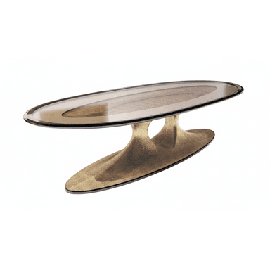 An oval coffee table featuring a smoked glass top with a patterned insert, supported by a sculptural, hourglass-shaped base with a textured, metallic finish. The design exhibits a contemporary and organic aesthetic. — 3D model (AI enhanced source)