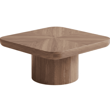 A modern coffee table featuring a rounded square top with a radial wood veneer pattern, supported by a solid cylindrical pedestal base, all in a warm wood finish. — 3D model (AI enhanced source)