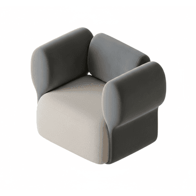 A modern armchair characterized by its soft, rounded, and sculptural form, featuring two-tone upholstery. The backrest and armrests appear to be one continuous, molded dark gray unit, providing a plush, enveloping feel. The seat cushion is distinct, upholstered in a lighter beige, textured fabric. The overall design emphasizes comfort and a contemporary aesthetic with organic lines. — 3D model (AI enhanced source)