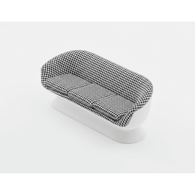 A contemporary two-seater loveseat featuring a striking black and white houndstooth pattern on its upholstery. The seat and backrest are formed from a single, smoothly curved shell, which rests upon a minimalist, solid white pedestal base. Two separate, plush seat cushions provide seating, maintaining the houndstooth motif. The design suggests a mid-century modern influence with a distinct graphic textile choice. — 3D model (AI enhanced source)