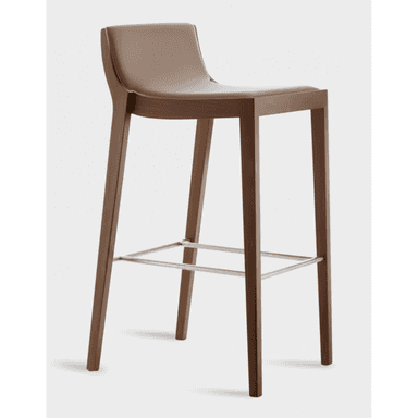 A tall, modern bar stool featuring a rich brown wooden frame and a subtly contoured seat and backrest upholstered in a light taupe material. It has four straight legs and a silver-toned metal footrest connecting them. — 3D model (AI enhanced source)