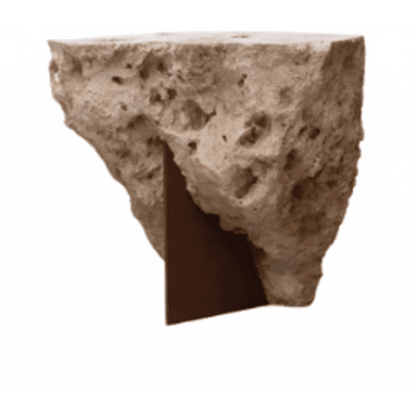A console table with a natural, rough-hewn stone top that appears to be a single piece of travertine or similar porous rock. It is supported by a triangular metal base. The stone has an irregular, weathered surface with visible pores and indentations, giving it an organic and rustic aesthetic. The metal base is a dark, matte brown and provides a stark contrast to the natural stone. — 3D model (AI enhanced source)