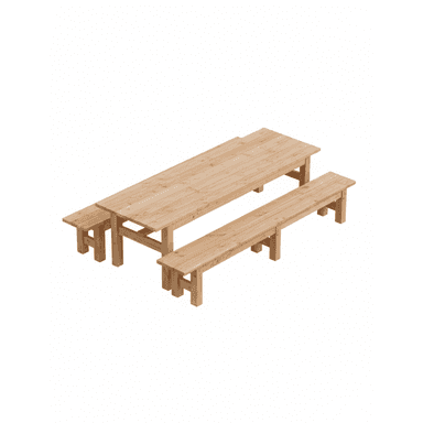 A natural wood picnic table accompanied by two separate, matching wooden benches, designed for outdoor use. The table and benches feature a slatted construction and robust block legs. — 3D model (AI enhanced source)