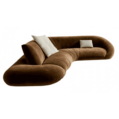A modular sectional sofa with a curved, organic form. The sofa features deep, plush cushioning with a tufted or gathered upholstery texture. It appears to be upholstered in a soft, velvety fabric and includes two throw pillows. One pillow is large and rectangular, positioned against the backrest, while the other is smaller and square, placed on the seat. — 3D model (AI enhanced source)