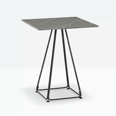 A square-topped side table with a marble-like gray surface and a geometric black metal base. The base consists of four slender legs that converge towards the center and are connected by a square frame at the bottom, providing stability. The top has a subtle veining pattern reminiscent of natural stone. — 3D model (AI enhanced source)