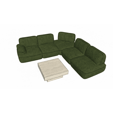 A multi-piece upholstered sectional sofa, forming an L-shape, featuring plush, rounded cushions and covered in a dark green corduroy fabric. A light-colored, square coffee table with a stacked base is placed in front of it. — 3D model (AI enhanced source)
