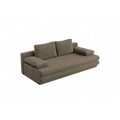 A contemporary two-seater sofa with a low profile and integrated armrests. The upholstery features a prominent corduroy texture. The sofa has two back cushions and two armrest cushions that appear to be separate from the main frame. The base of the sofa has a layered appearance. — 3D model (AI enhanced source)