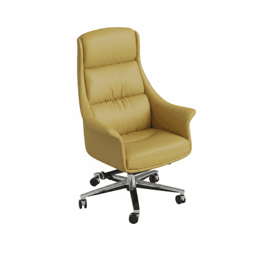 A high-back swivel office chair upholstered in mustard yellow faux leather, featuring a padded backrest and seat, integrated armrests, and a polished chrome five-star base with casters. — 3D model (AI enhanced source)