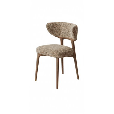 A contemporary armless chair featuring a curved, upholstered backrest and seat, supported by a solid wooden frame with four tapered legs. The upholstery is a textured, multi-tonal fabric. — 3D model (AI enhanced source)