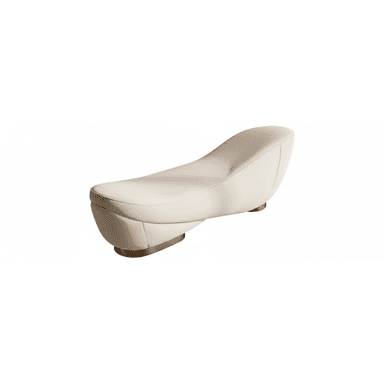 A modern, sculptural chaise lounge upholstered in a light, cream-colored material, featuring a smoothly curved form and a recessed gold-toned metallic base. — 3D model (AI enhanced source)