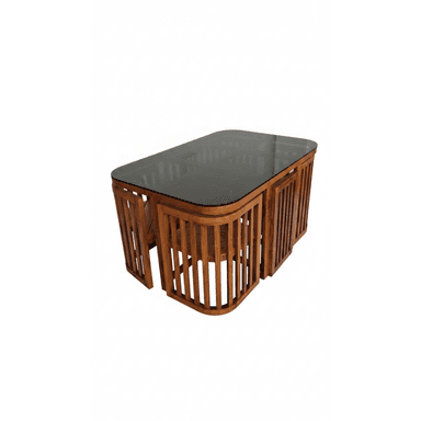 A modern dining table with a dark glass top and a slatted wooden base. The base has a rounded, cage-like design with vertical wooden slats. It appears to be a compact dining set, possibly accommodating two to four people. — 3D model (AI enhanced source)
