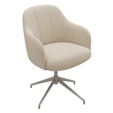 A contemporary upholstered swivel armchair featuring a soft, shell-like form with integrated armrests. The backrest exhibits vertical channel stitching. It is upholstered in a textured, light beige fabric and rests on a four-star matte grey metal swivel base. — 3D model (AI enhanced source)