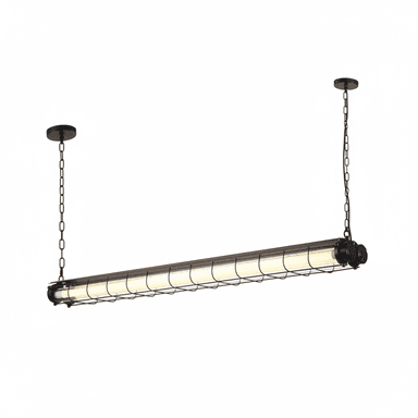 A long, linear black industrial-style pendant light, featuring a protective metal cage around a tubular light source, suspended by two chains from circular ceiling canopies. — 3D model (AI enhanced source)