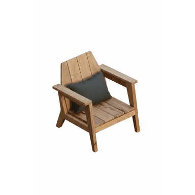 A wooden armchair with a slatted seat and back, featuring a dark grey cushion. The chair has a robust construction with visible wood grain and a natural finish. — 3D model (AI enhanced source)
