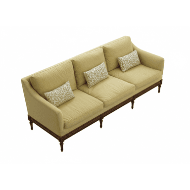 A three-seater sofa featuring a light yellow-green textured upholstery, a dark wood frame with ornate carvings along the base and legs, and rolled arms. It includes three seat cushions, three back cushions, and three smaller decorative throw pillows with a lighter, mottled pattern. — 3D model (AI enhanced source)