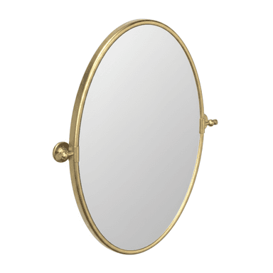 An oval-shaped mirror featuring a slender, polished brass-tone metal frame. The mirror is designed for wall mounting and includes a pivoting mechanism on both sides, allowing it to tilt for adjustable viewing angles. The mounting hardware is also finished in polished brass, matching the frame. — 3D model (AI enhanced source)