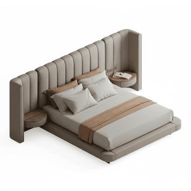 A modern platform bed featuring a low-profile upholstered base and a distinctive oversized headboard. The headboard extends horizontally beyond the bed frame, creating a winged effect, and is deeply channel-tufted. Integrated circular wooden nightstands with sleek metal accents are built into the extending headboard sections on both sides. The bed is presented with neutral-toned bedding, including pillows and a throw. — 3D model (AI enhanced source)