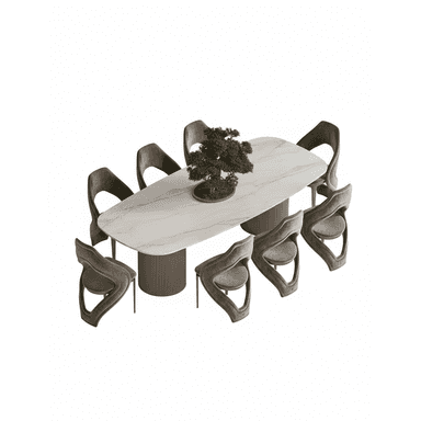A contemporary dining set featuring a large racetrack-shaped dining table with a white marble top and two fluted cylindrical pedestal bases. The set includes eight sculptural dining chairs upholstered in a grey/taupe velvet fabric, characterized by their open-back design and fluid lines. A bonsai tree serves as a centerpiece on the table. — 3D model (AI enhanced source)