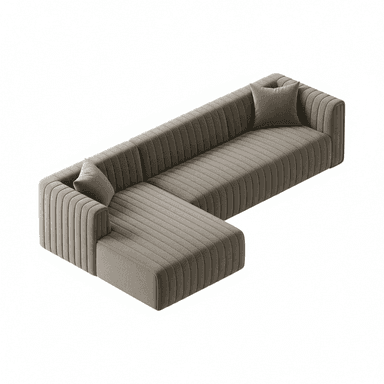 An L-shaped sectional sofa featuring plush channel-tufted upholstery in a neutral taupe or grey velvet fabric. The design is modern with clean lines, integrated armrests that flow into the backrest, and a distinct chaise lounge extension. Two matching square throw pillows are included. — 3D model (AI enhanced source)