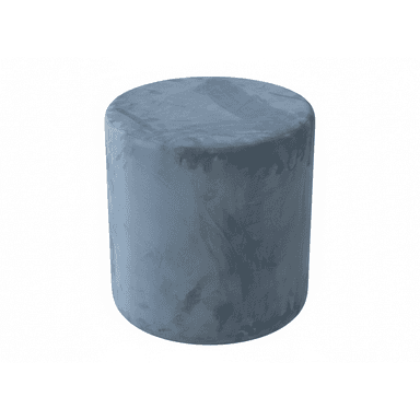 A cylindrical ottoman, fully upholstered in a plush, blue-gray velvet fabric. The ottoman presents a simple, unadorned form with no visible legs or distinct base, giving it a monolithic appearance. The velvet material shows varying tones due to light reflection on its pile, indicating its soft texture. — 3D model (AI enhanced source)