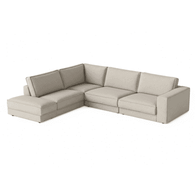 A modern, modular sectional sofa with light beige fabric upholstery, featuring a chaise lounge component on the left side, an armrest on the right, and a low-profile design. The individual modules are clearly defined, creating a flexible seating arrangement. — 3D model (AI enhanced source)