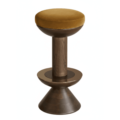 A contemporary bar stool featuring a round, thickly padded seat upholstered in gold/ochre velvet. The seat is supported by a dark, possibly walnut-toned, wooden column that widens towards the bottom into a conical base. A thin metallic ring, appearing to be brass or bronze, accents the transition point between the column and the base. — 3D model (AI enhanced source)