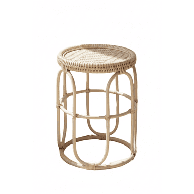 A light-colored, natural rattan stool featuring a round woven top and an open, cylindrical base constructed from bent rattan poles. The base consists of vertical arched segments joined by horizontal rings, forming a cage-like structure. The weaving on the top surface is tight and intricate, creating a smooth, flat sitting or resting surface, while the overall aesthetic is light and organic. — 3D model (AI enhanced source)