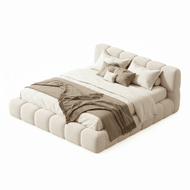 A modern platform bed featuring extensive soft padding and full upholstery, characterized by its rounded edges and a low-profile design. The headboard and side rails are constructed from individual, rectangular padded segments, giving the bed a plush, inviting appearance. It is presented with neutral-toned bedding, pillows, and a throw blanket, enhancing its contemporary and comfortable aesthetic. — 3D model (AI enhanced source)