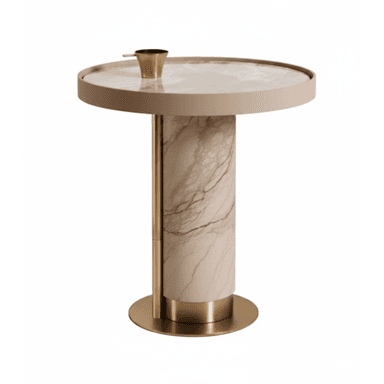 A modern round side table featuring a marble top, a substantial cylindrical marble pedestal base, and distinctive brass accents. The tabletop has a raised edge, and the base incorporates a vertical brass strip and a circular brass plinth. — 3D model (AI enhanced source)