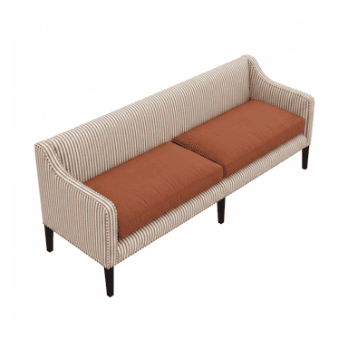 A long, upholstered settee or banquette featuring a high, slightly curved back and subtle, integrated armrests. It is upholstered in a vertical striped fabric in beige and brown, complemented by two solid orange seat cushions. The piece is accented with decorative nailhead trim along the edges and supported by four dark, tapered wooden legs. — 3D model (AI enhanced source)
